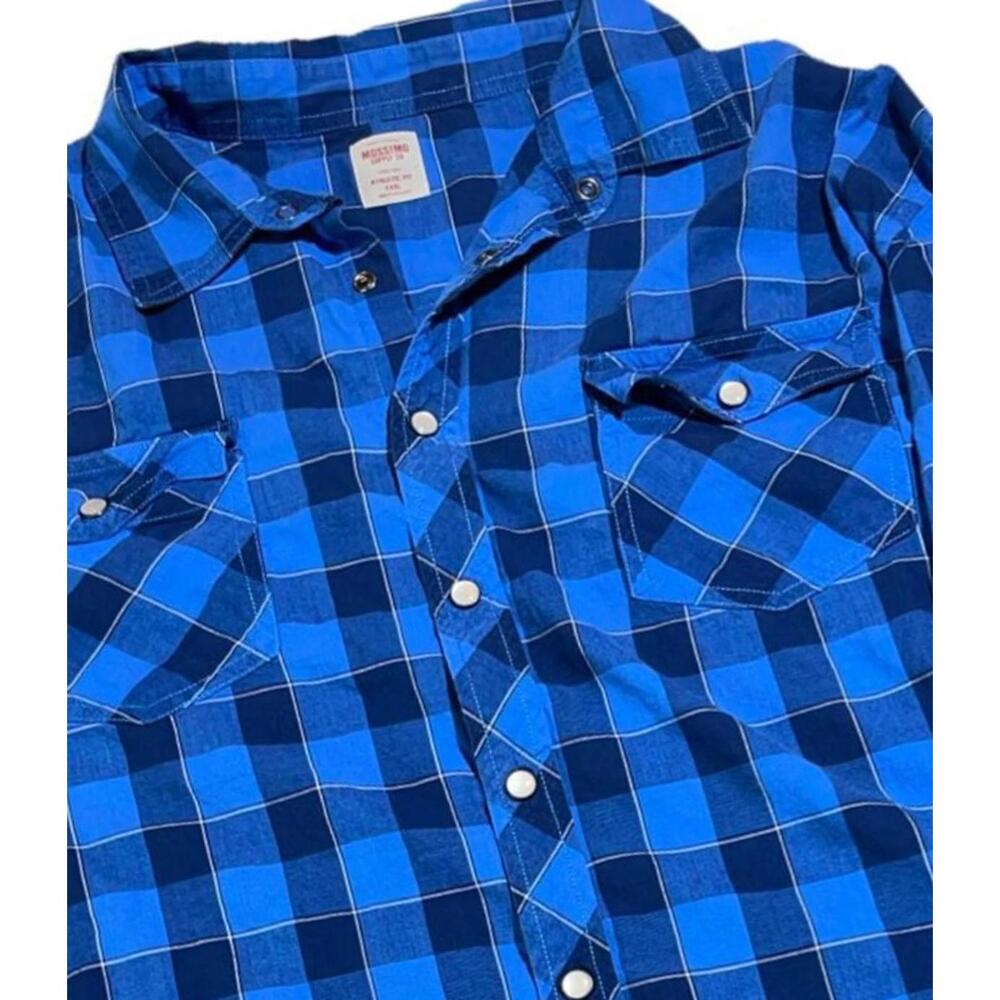Mossimo Supply Co Mens Athletic Fit Pearl Snap Blue Plaid Flannel Shirt Size XXL